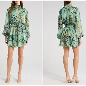 NWT Socialite Print Metallic Smocked Long Sleeve Minidress in Green Olive XL